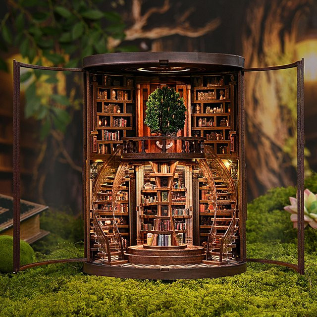 ELEVEN-CUTE DIY Holz Weisheit Ringe Buch Repository Buch Nook Regal Einsatz Kits Miniatur Modell Kit Buchstütze - Bild 1