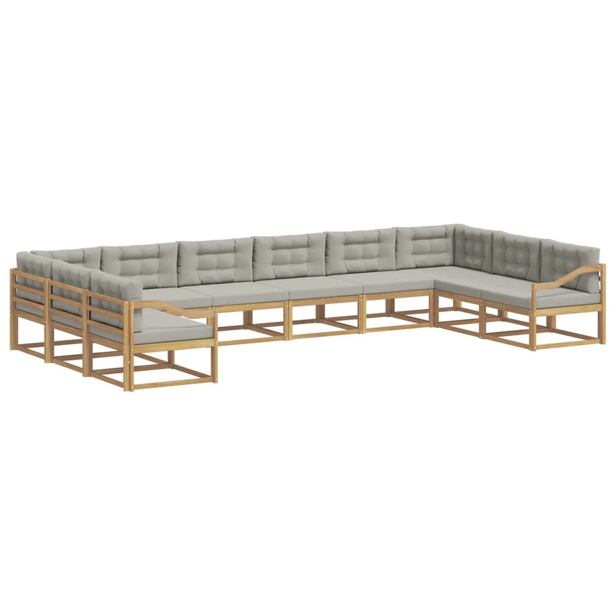 vidaXL Outdoor-Sofagarnitur in U-Form aus massivem Akazienholz mit Kissen, 10-teiliges Set, Weiß-Hellgrau - Bild 2