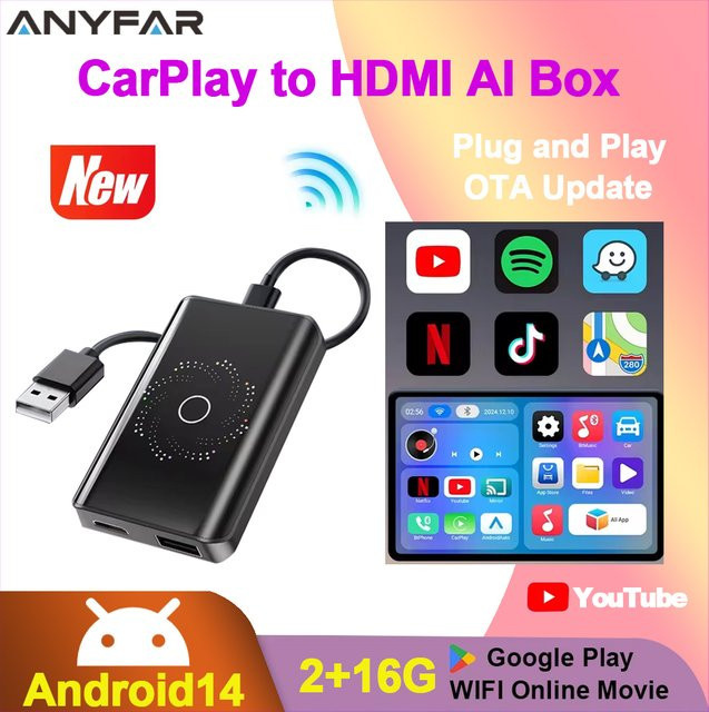 EzoneTronics 2026 Auto AI Box 4-in-1 Kabelloser CarPlay und Android Auto Adapter mit Android TV Box für YouTube und Netflix, Schwarz - Bild 1