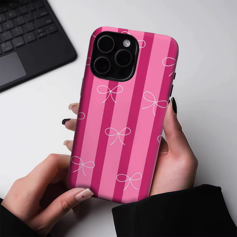 Potdemiel Handyhülle mit rosa Streifen und weißen Schleifen für iPhone 17 16 15 14 13 Pro Max Plus, robuste Magnetische Einzel- und Doppelschicht Hülle in Pink und Weiß - Bild 3