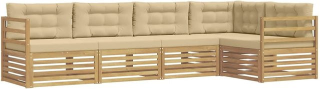 vidaXL Outdoor-Sofagarnitur in L-Form aus Akazienholz mit 5 Kissen in Weiß und Beige - Bild 1