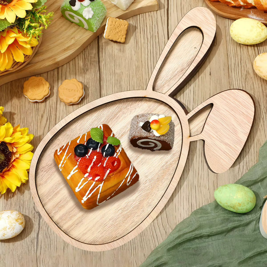 Holztablett Huiran mit Oster-Motiv Hase und Ei in Braun für Frühlingsdeko und zum Servieren von Kuchen oder Obst - Bild 2
