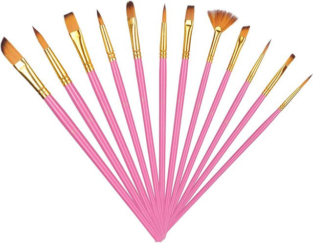 GoolRC Pinselset mit 12 Nylonhaarpinseln für Öl- Acryl- Aquarell- und Gouachemalerei in Blau, Rosa und Rot - Bild 1