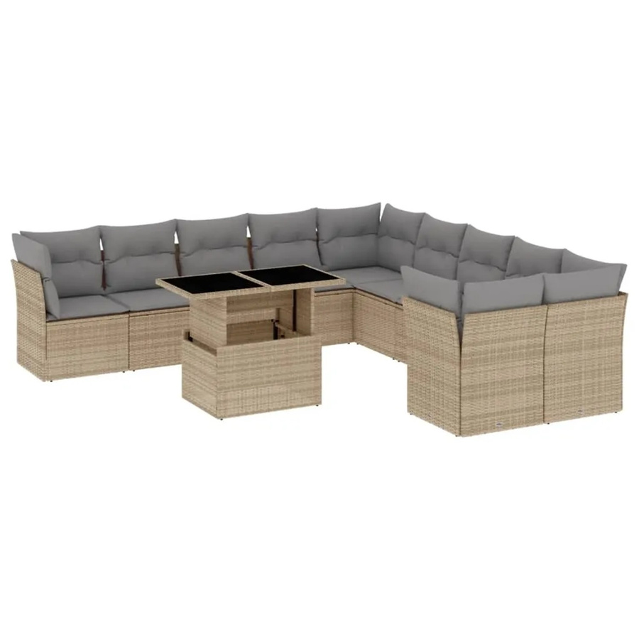 vidaXL 11-tlg Garten-Sofagarnitur aus Polyrattan in Beige mit Kissen und Gartentisch - Bild 2