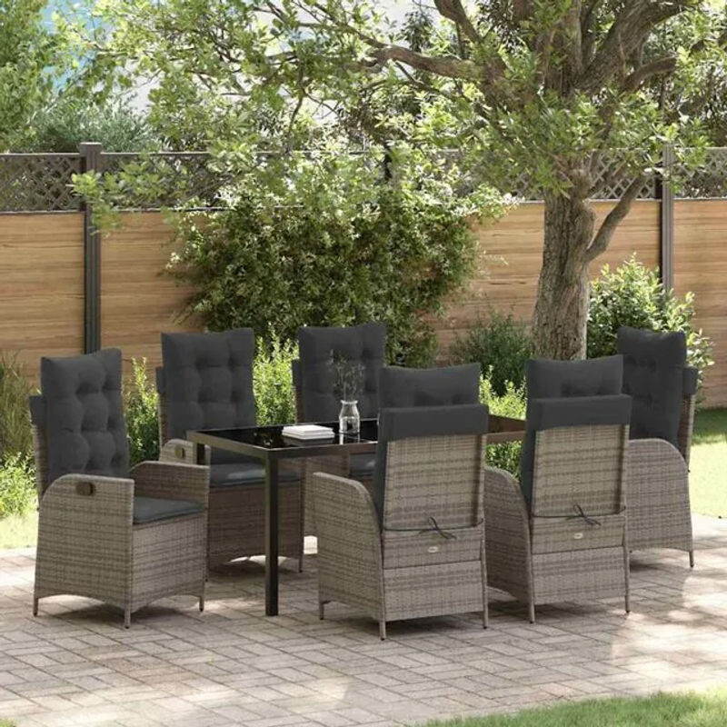 Vidaxl Garten Essgruppe aus Polyrattan und Glas in Grau, 7-teiliges Gartenmöbel-Set mit Stahlgestell - Bild 1