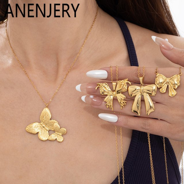 ANENJERY Halskette Schmetterlings-Herz-Anhänger, Edelstahl, Gold, Damen - Bild 1