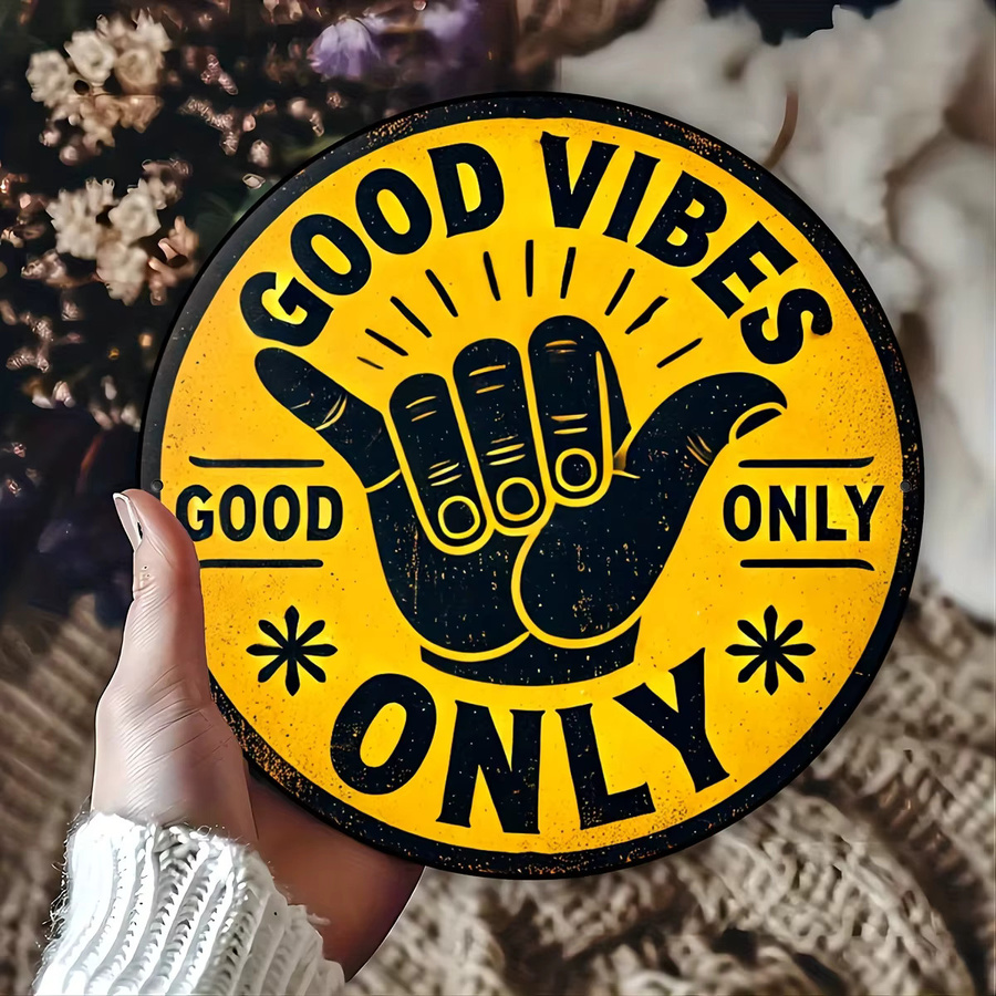 Potdemiel Rundes Vintage-Aluminiumschild Good Vibes Only in Gelb, Durchmesser: 19,8 cm - Bild 4