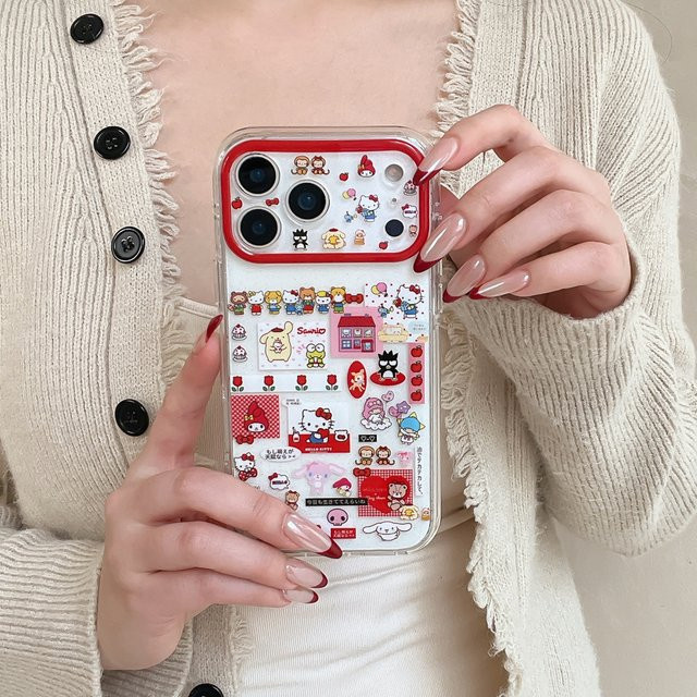 Sanrio Hello Kitty Handyhülle mit Cartoon Illustration und Trageband für Apple iPhone 17 16 15 14 13 Pro Max, Stoßfeste Hartschale, Mehrfarbig - Bild 1