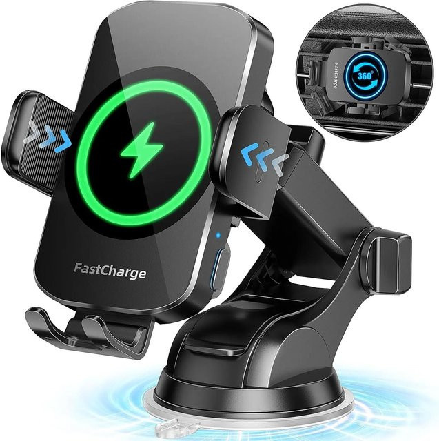AUKYGGUS 3 in 1 Kabelloses Autoladegerät mit Schnellladefunktion und automatischer Klemmung, Handyhalterung mit Saugnapf, Schwarz - Bild 1