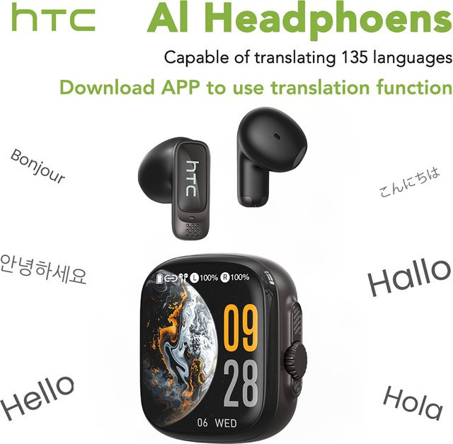 HTC NE72 AI-Übersetzungs-Bluetooth-Kopfhörer mit LED-Touchscreen, kabellose In-Ear-Ohrhörler mit HiFi-Stereo-Audio und Geräuschunterdrückung, Weiß - Bild 1