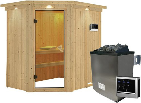 Karibu Sauna Vijandi in Beige mit 9 kW Saunaofen und externer Steuerung für 3 Personen, B/T/H: 210 x 165 x 202 cm - Bild 1