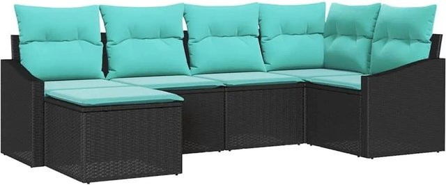 vidaXL Sofa Set aus Poly-Rattan in Schwarz, 6-teiliges L-Shape Lounge Set mit Kissen und Fußhocker - Bild 1