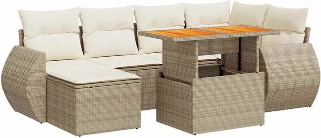 vidaXL 7-teilige Garten-Sofagarnitur aus Poly-Rattan und Akazienholz in Beige-creme mit Kissen - Bild 1