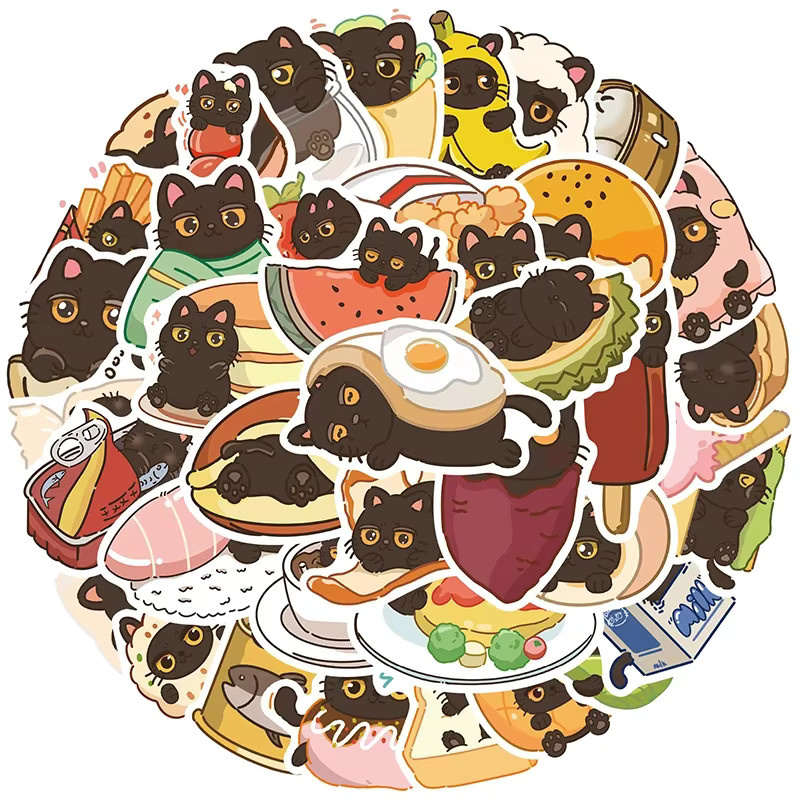 50 Stück Schwarze Katzen Aufkleber Set mit lustigen Cartoon-Katzen-Memes aus wasserfestem Vinyl für Scrapbooking und Journaling - Bild 2