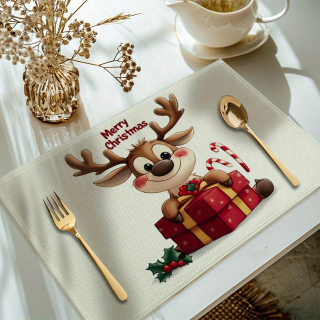 VIKAMA 4-teiliges Weihnachts-Tischset mit Rentier-Motiv und Goldrand aus Leinen in Multicolour - Bild 1