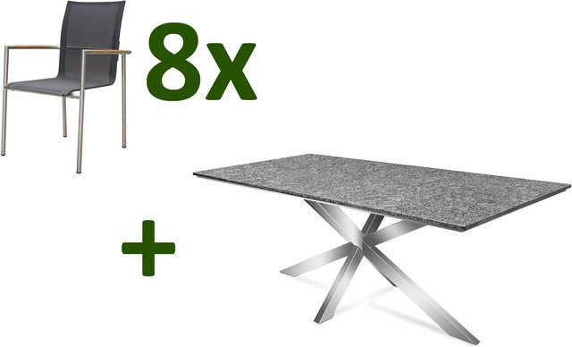 OUTFLEXX Garten-Essgruppe für 8 Personen in Grau und Anthrazit mit Granit-Tisch und Teak-Elementen, Tisch B: 204,5 cm, T: 100,0 cm, H: 76,7 cm - Bild 1