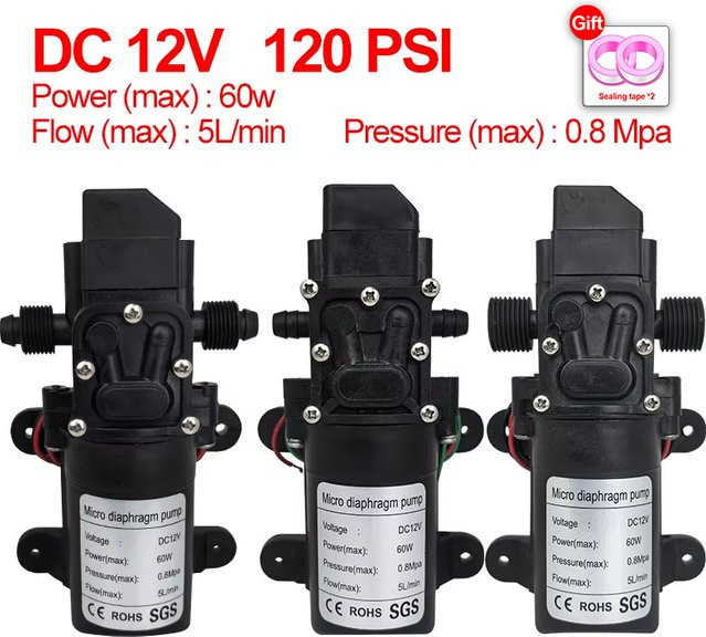 xmshxltd Hochdruck-Membranpumpe Mini-elektrische selbstansaugende Pumpe in Schwarz, DC12 V, 120 PSI, 60 W, 5 l/min - Bild 1