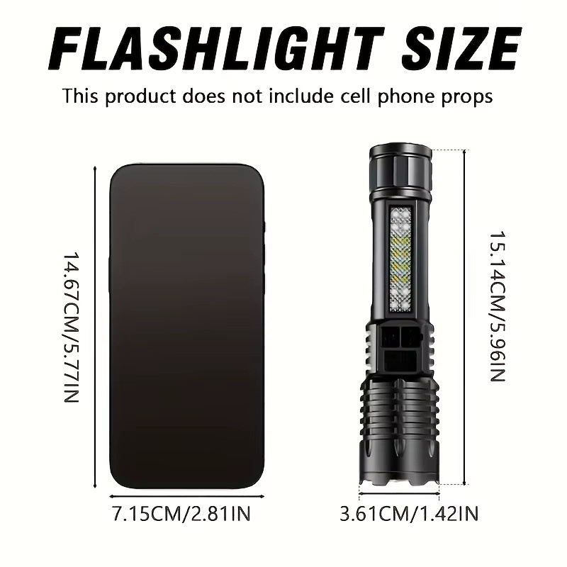 XIWANGFIRE COB-LED-Taschenlampe in Schwarz, USB wiederaufladbar, zoombar mit Seitenlicht, wasserdicht für Camping, Wandern und Notfälle - Bild 6