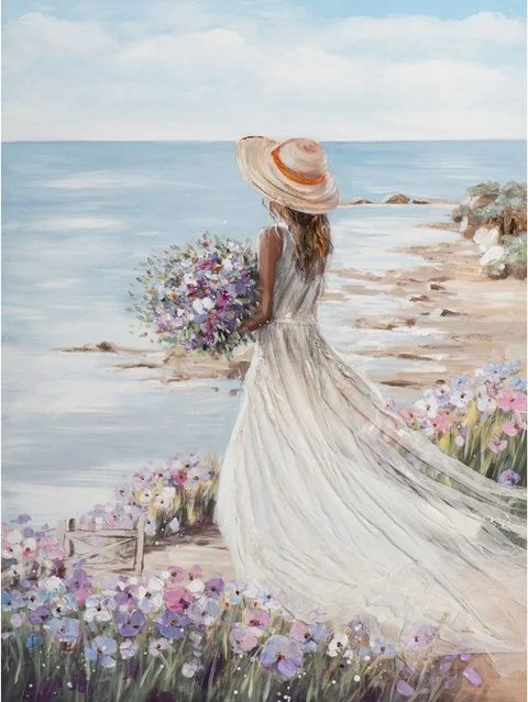 Art Universe Leinwandbild Frau am Strand in Weiß und Blau, Modernes Wandbild Motiv Natur, Breite: 90 cm, Höhe: 120 cm - Bild 1