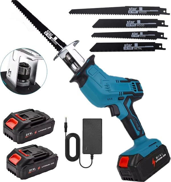 OWJHE Akku-Säbelsäge Blau mit 4 Sägeblättern kompatibel mit Makita 21V Akku - Bild 1