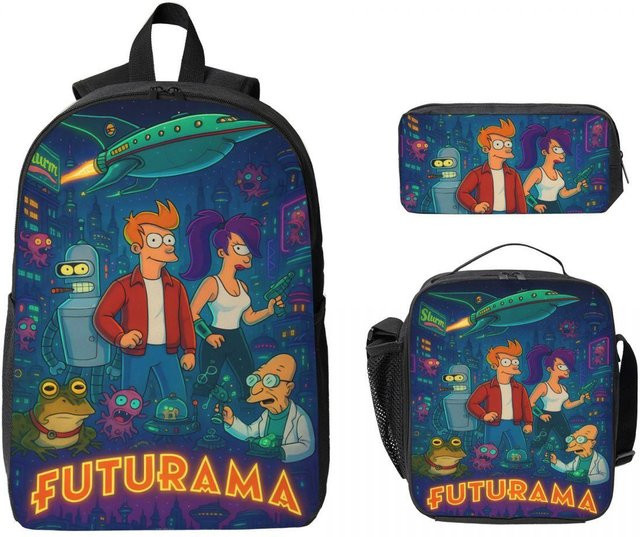 3-teiliges Futurama Cartoon Schulranzen-Set für Kinder mit Federmäppchen und Brotdose in Schwarz und Multicolour von Fancy Style Studio - Bild 1
