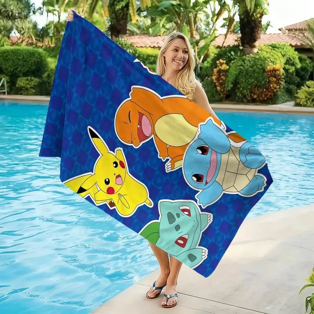 Potdemiel Strandtuch mit Pokemon Pikachu Aufdruck aus Mikrofaser, schnelltrocknend, Mehrfarbig, für Kinder - Bild 1