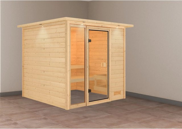 Karibu Massivholzsauna Jutta mit LED-Dachkranz aus Fichtenholz und Espenholz, Farbe: Natur/Braun, B/T/H: 196 x 196 x 210 cm - Bild 1