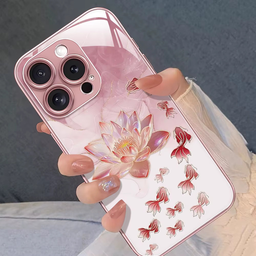 Lotusblüten Handyhülle aus gehärtetem Glas für iPhone 17 Pro Max, 16, 15, 14, 13, 12 und 11 in Pink - Bild 2