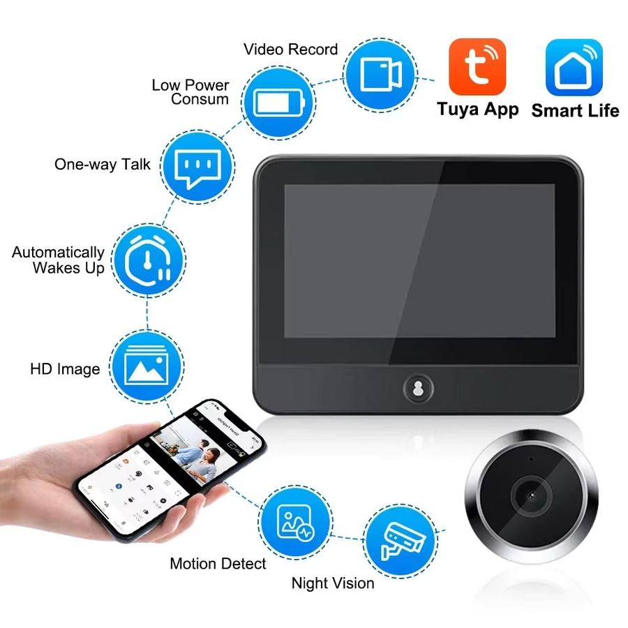 Awapow Tuya Drahtlose Radar Türklingel mit Wifi, Türspion Kamera mit 1080P Nachtsicht, PIR Bewegungserkennung und 4,3 Zoll Display in Schwarz - Bild 6