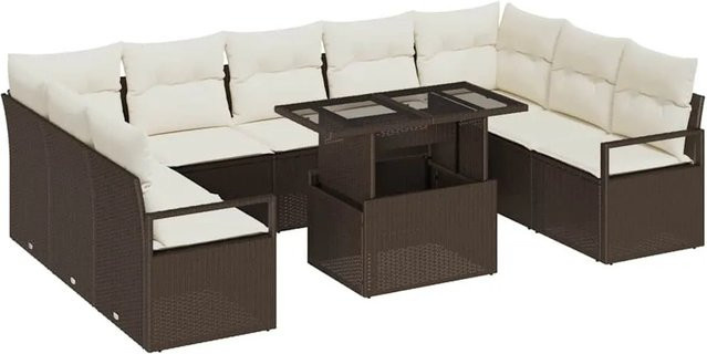 vidaXL Garten-Sofa-Set aus Poly Rattan in Braun, 10-teiliges L-Shape Lounge-Set mit Tisch, Polsterkissen und integriertem Stauraum - Bild 1