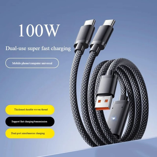 VBNM 2-in-1 Dual-Port USB-C Schnellladekabel 100W in Schwarz für iPhone 15 16 17 Pro Max und Samsung Huawei - Bild 1
