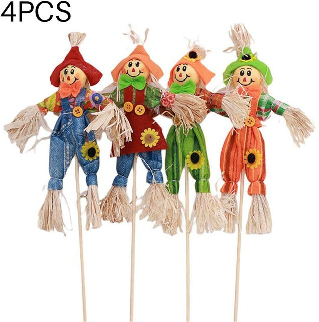 4er Set Stehende Vogelscheuchen von CosyHome als Niedrige Herbst- und Halloween-Gartenornamente in Mehrfarbig (Rot, Orange, Grün, Blau) - Bild 1