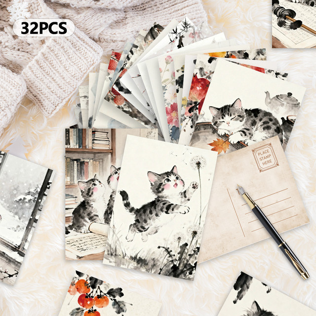 32 Stück Ink Wash Cat Postkarten mit Tiermotiven in Multicolor aus Papier - Bild 1