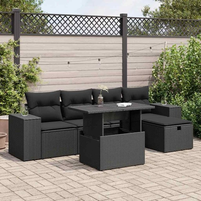 vidaXL 6-teiliges Garten-Sofagarnitur Set in L-Form aus Polyrattan mit Kissen in Schwarz - Bild 3