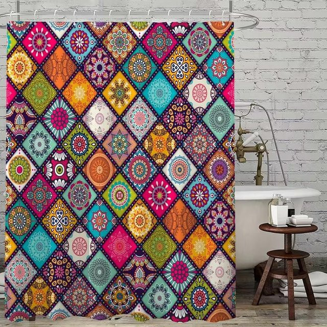 VIKAMA Vintage Bohème Mandala Totem Duschvorhang aus Polyester, wasserdicht und schimmelresistent, Mehrfarbig, B: 120 cm, H: 200 cm - Bild 1