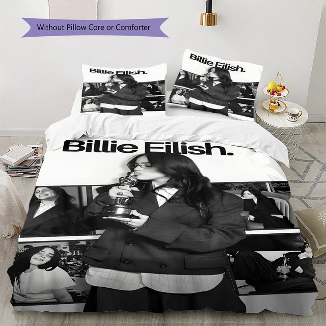 Billie Eilish Muster Bettwäsche Set aus Polyester in Weiß, bestehend aus 1 Bettbezug und 2 Kissenbezügen, B/H: 200 x 220 cm - Bild 1