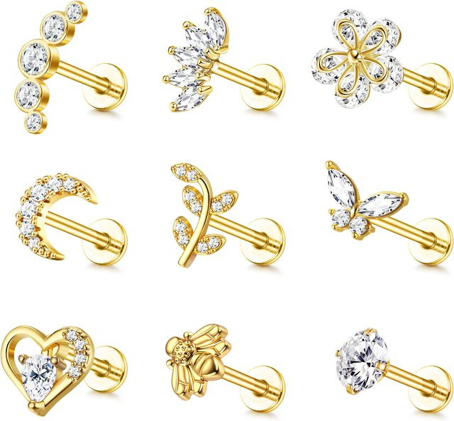 Bobisty Ohrstecker Set, 9 Stück, 16G, Zirkonia, Gold, Edelstahl, Damen - Bild 1