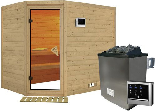Karibu Sauna Kärdla aus Fichtenholz in Beige inklusive 9 kW Saunaofen mit externer Steuerung für 4 Personen, B/T/H: 236 x 209 x 184 cm - Bild 1