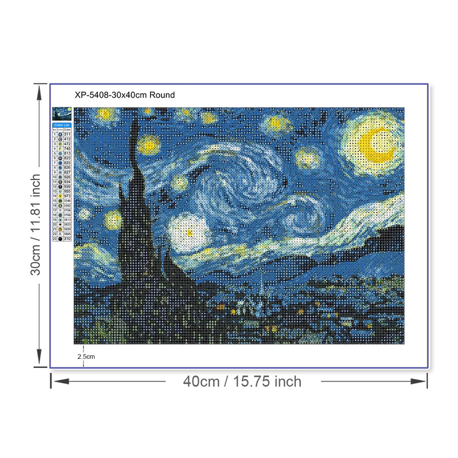 QIZITENG Diamond Painting Set Sternennacht von Van Gogh in Blau, Landschaftsmosaik als Malerei-Reproduktion für die Wanddekoration, B/H: 30,0 x 20,0 cm - Bild 4