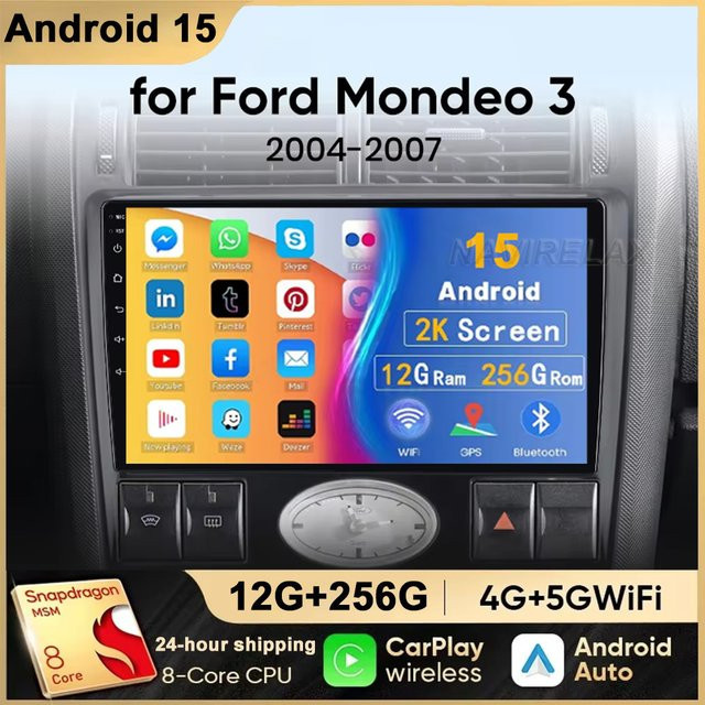 TIEYEZ Android 15 Car Radio für Ford Mondeo MK 3 in Schwarz mit Carplay, Android Auto, Wifi, GPS und DSP, 2 Din - Bild 1