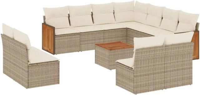 vidaXL 12-tlg. Garten-Sofagarnitur in L-Form aus Poly-Rattan und Akazienholz mit Kissen in Beige-Creme - Bild 1