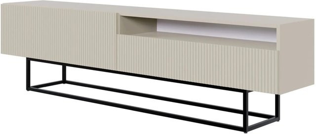 Selsey TV-Lowboard Veldio in Greige mit Lamellenfront und schwarzem Stahlgestell, Breite: 175 cm - Bild 1