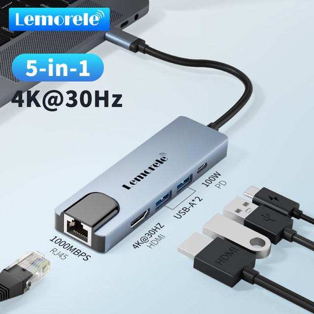Lemorele TC15 USB-C Dockingstation mit 5 Ports USB 3.0 und HDMI 4K@30Hz Hub Splitter für Laptop und Drucker - Bild 1