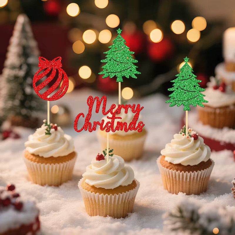 YOMDID 24 Stück Weihnachtskuchen-Dekorationen, glitzernde Cupcake-Topper für Weihnachten in Grün, Rot und Multicolour - Bild 2