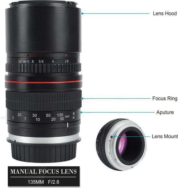 RISESPRAY Vollformat-Teleobjektiv 135 mm F2,8 für Canon EF DSLR-Kameras in Schwarz - Bild 1