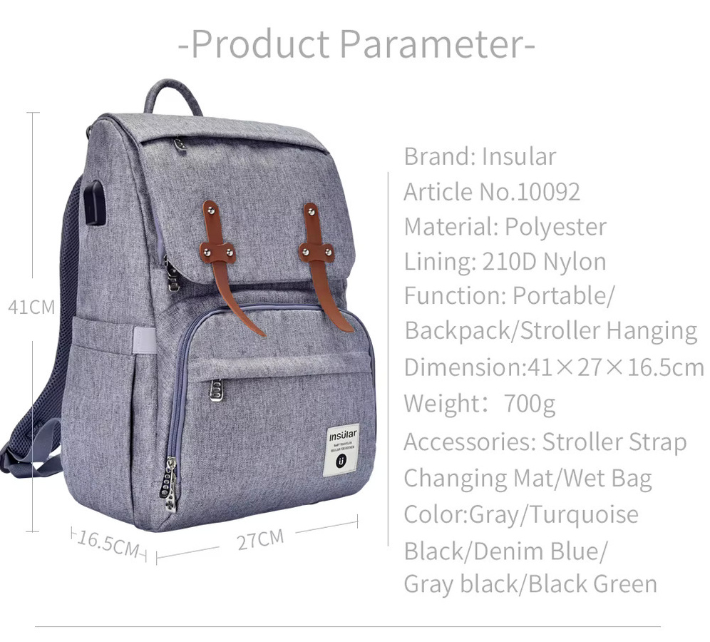 Insel Baby Wickeltasche als Rucksack mit USB-Anschluss und Haken, wasserdichte Stilltasche für unterwegs in Schwarz oder Grün - Bild 5
