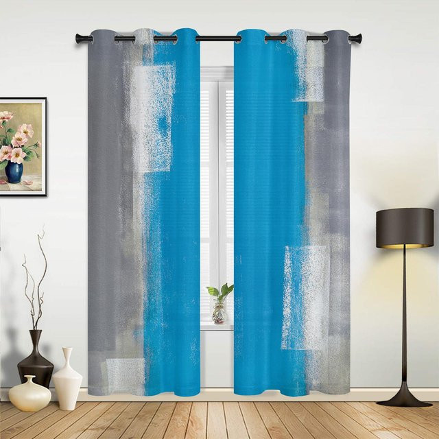 Abstrakte Vorhänge mit geometrischem Ölgemälde-Design in Gelb, Grau und Blau, halbtransparent, Breite: 135 cm, Höhe: 60 cm - Bild 1