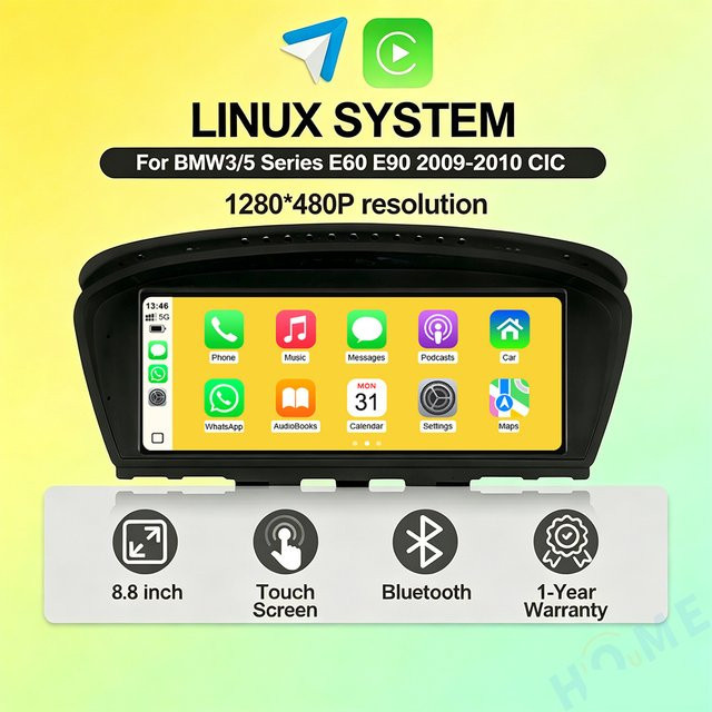 HIOUME Auto-Multimedia-Player mit 8,8 Zoll Touchscreen für BMW 3er und 5er Serie E60 E61 E62 E90 (2009-2010) mit CIC Linux-System, GPS, Bluetooth, CarPlay und Android Auto in Schwarz - Bild 1