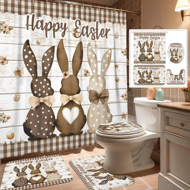 VIKAMA Happy Easter Duschvorhang im Landhausstil mit Hasen-Silhouette, wasserdichter Textil-Badezimmervorhang, Höhe: 180 cm, Breite: 90 cm - Bild 1
