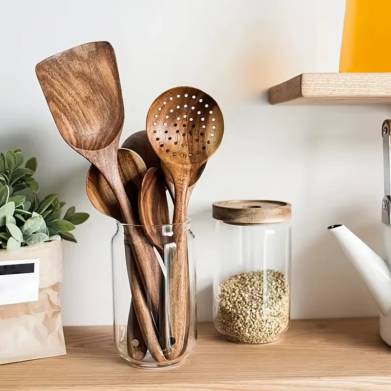 5-teiliges Küchenutensilien-Set aus Holz von DUTRIEUX in Braun, handgefertigte Pfannenwerkzeuge inklusive Spurtle und Suppenkellen, kratzfrei für antihaftbeschichtete Pfannen - Bild 4
